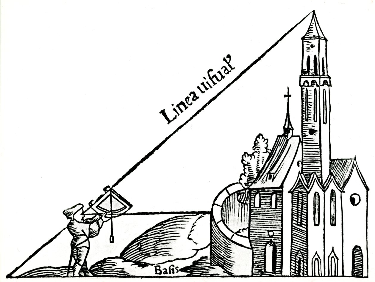Obliczenie wysokości wieży metodą triangulacji za pomocą ćwiartki z pionem, 1551 autorstwa Unbekannt