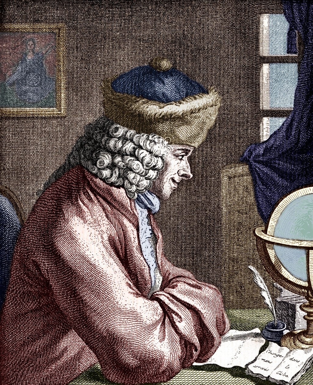 VOLTAIRE, Francois-Marie Arouet - portret pracy Woltera. Francuski pisarz, filozof, dramaturg, poeta 1694-1778. Grawerowanie XVIII wieku. Pióro autorstwa Unbekannt