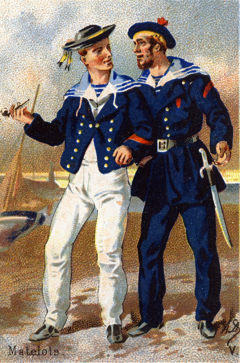 V: Marynarze. Grawerowanie w "Alfabecie wojskowym". Inicjały ilustratora: A. D. Wydawca nieznany. Chromolitografie z końca XIX wieku. Wymiary: 10,5x7cm . autorstwa Unbekannt