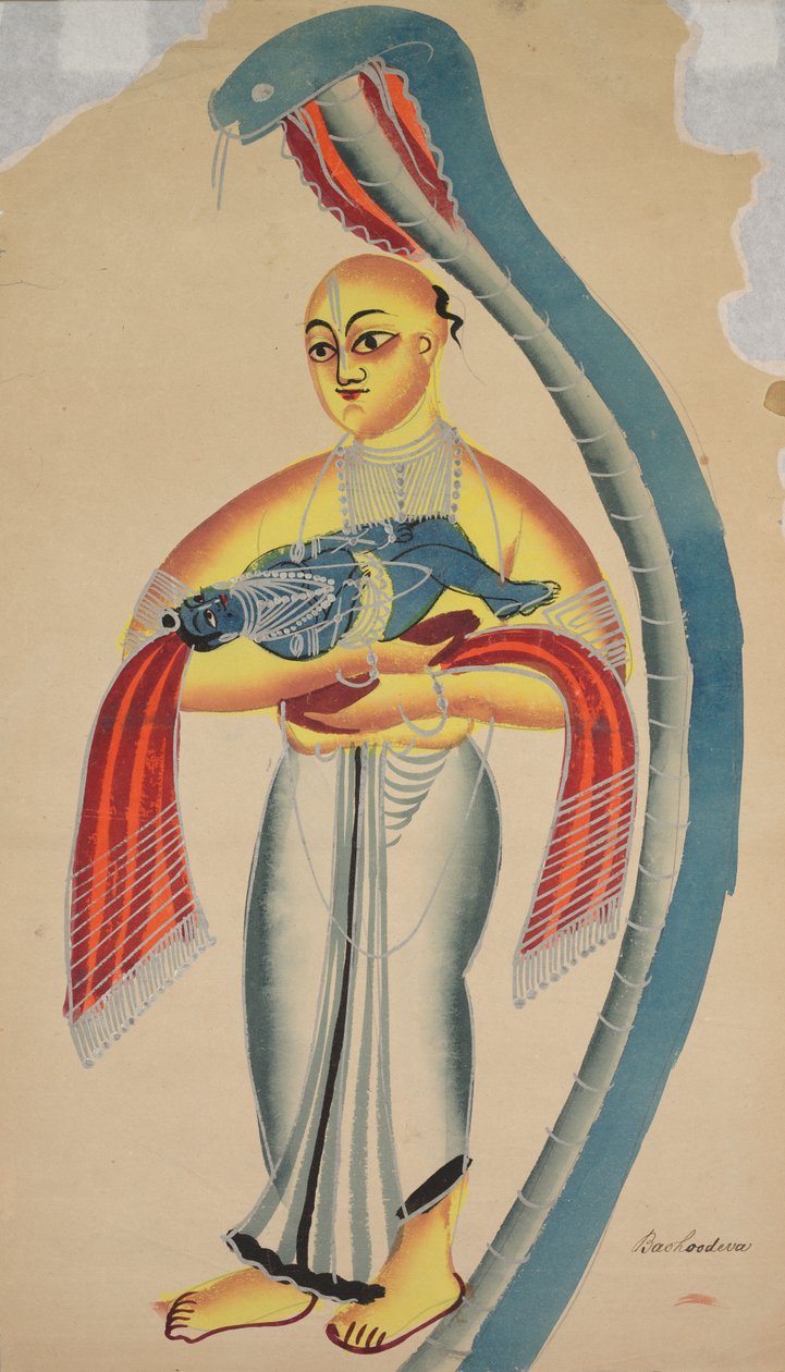 Vasudeva Krishnas Ojciec uciekający z Dzieciątkiem Krishna spotyka kobrę, 1800s. autorstwa Unbekannt