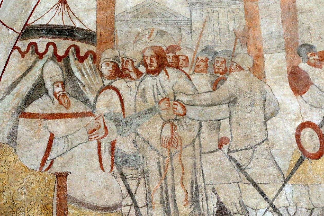 Krypta de Lugny. Malowidło ścienne z XVI wieku. Chrystus w swojej męce. Chrystus przed Piłatem. Francja autorstwa Unbekannt