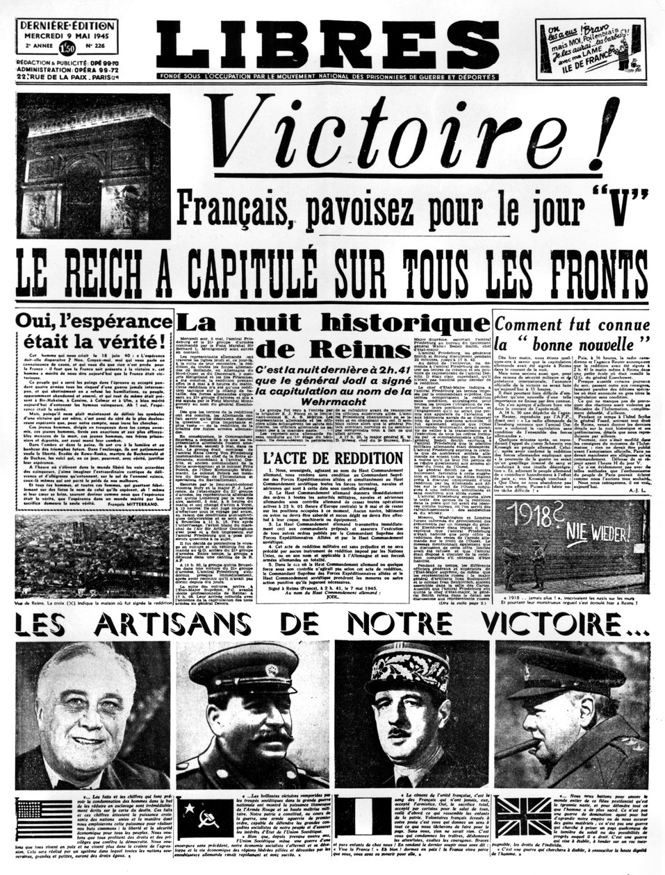 Victory!, pierwsza strona gazety Libres, 9 maja 1945 r. autorstwa Unbekannt