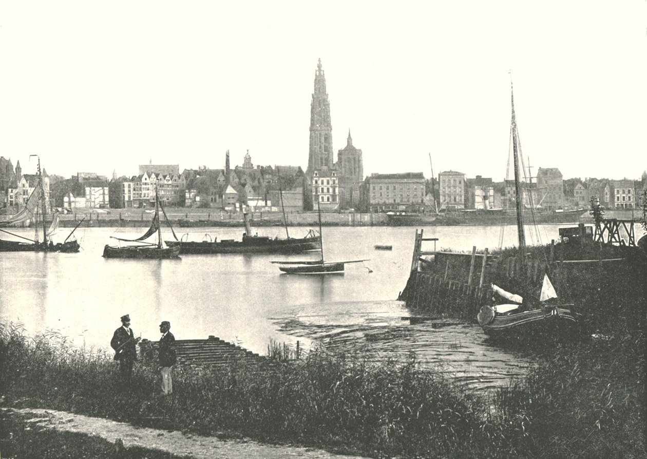 Widok przez rzekę do katedry, Antwerpia, Belgia, 1895. autorstwa Unbekannt