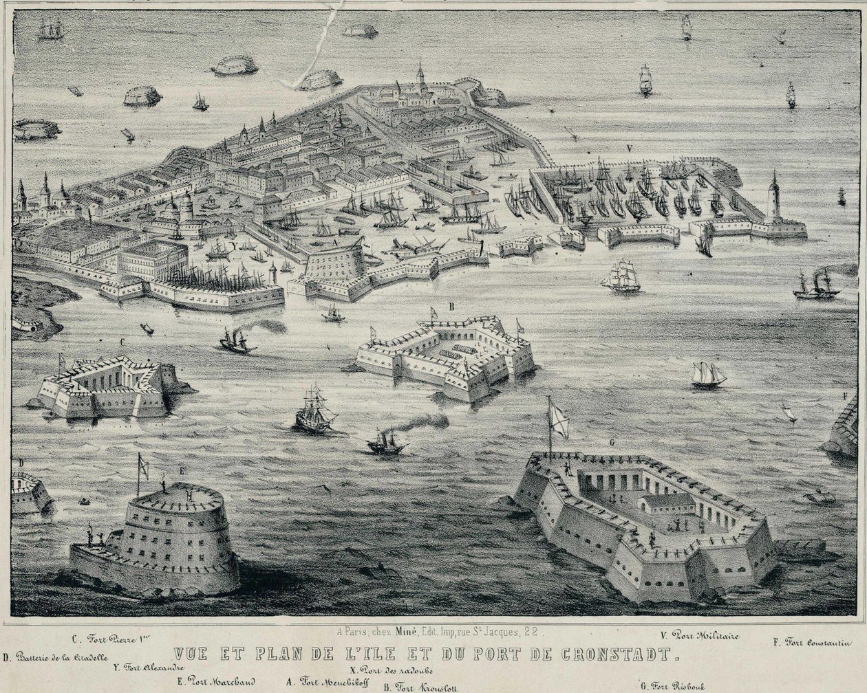 Widok i plan wyspy i portu w Kronsztadzie, ok. godz. 1850 autorstwa Unbekannt