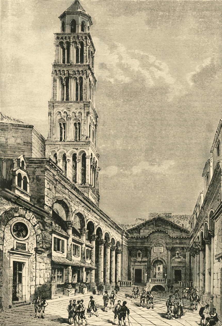 Widok w Spalatro, przedstawiający dzwonnicę i perystyl Pałacu Dioklecjana, 1890. autorstwa Unbekannt