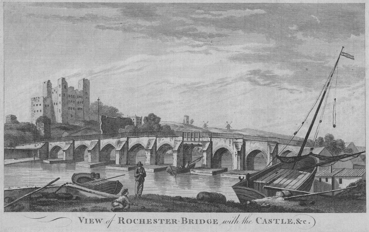 Widok na most Rochester z zamkiem itp., 1779 r. autorstwa Unbekannt