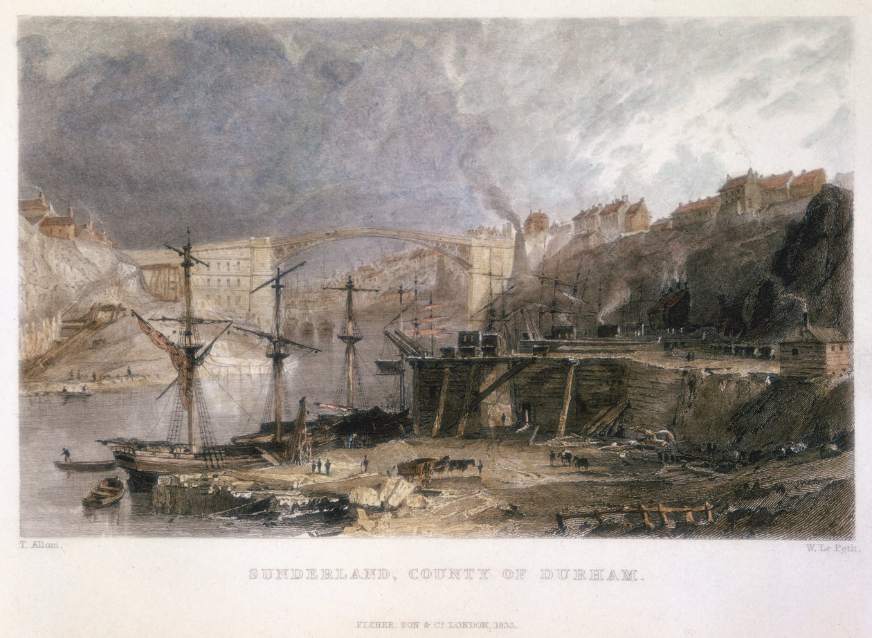 Widok Sunderlandu i Żelaznego Mostu w kierunku wschodnim, 1833 autorstwa Unbekannt