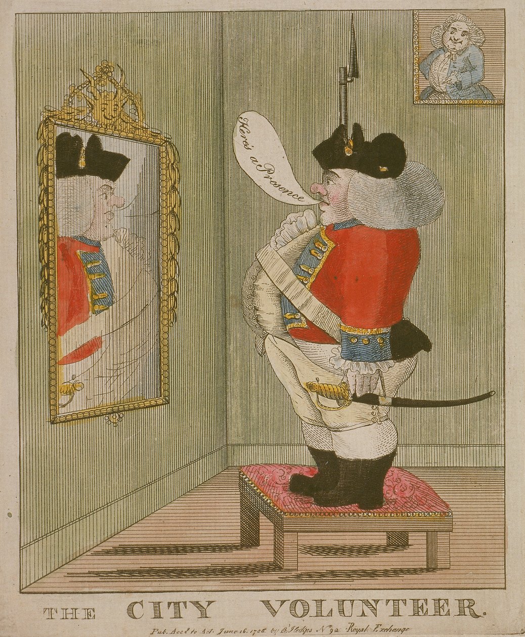 Widok korpulentnego wolontariusza City podziwiającego się w lustrze, 1785 autorstwa Unbekannt