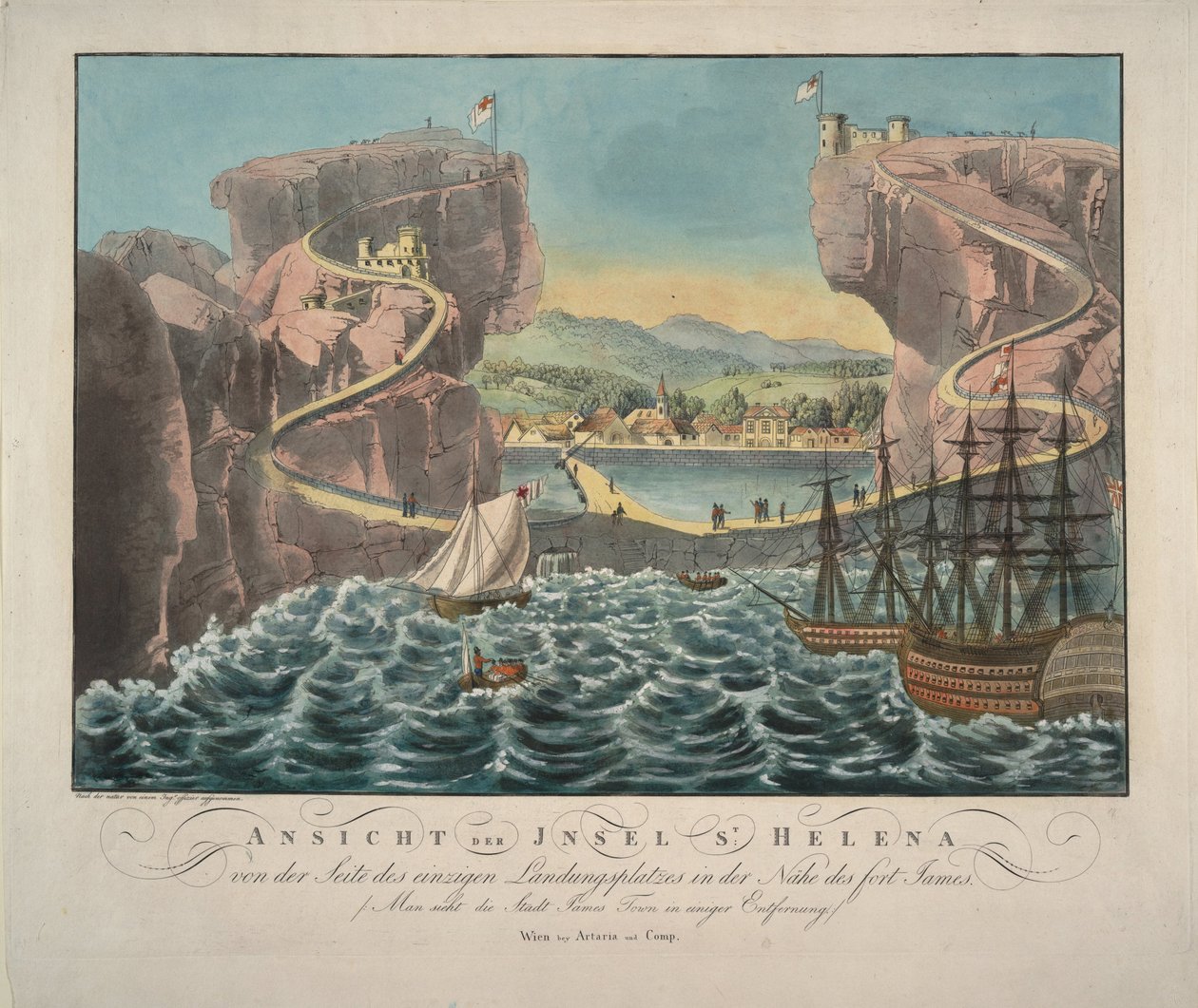 Widok wyspy św. Heleny od strony lądowiska w pobliżu Fortu James, 1815 autorstwa Unbekannt