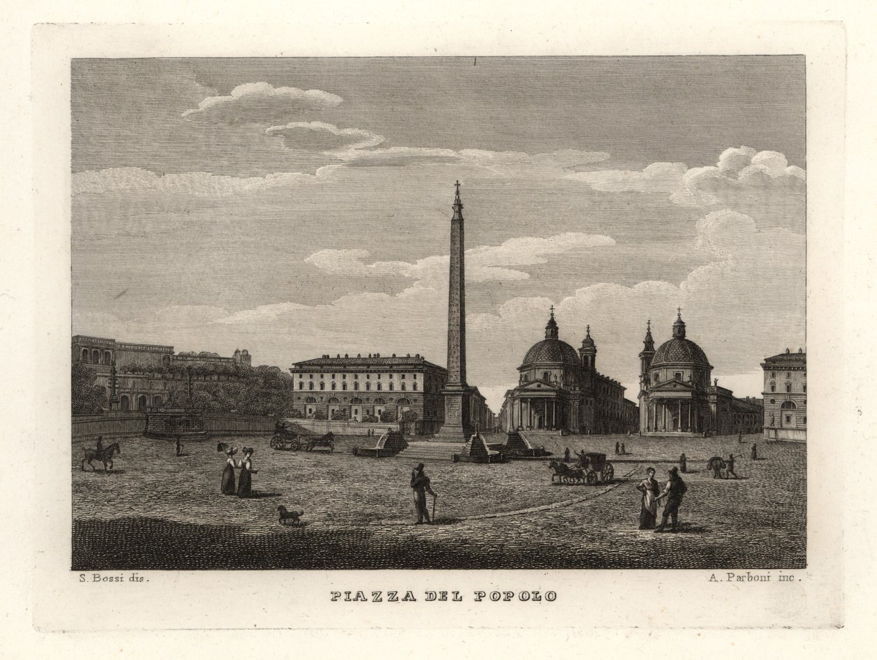 Widok na Piazza del Popolo w Rzymie ze starożytnym obeliskiem z Heliopolis w Egipcie autorstwa Unbekannt