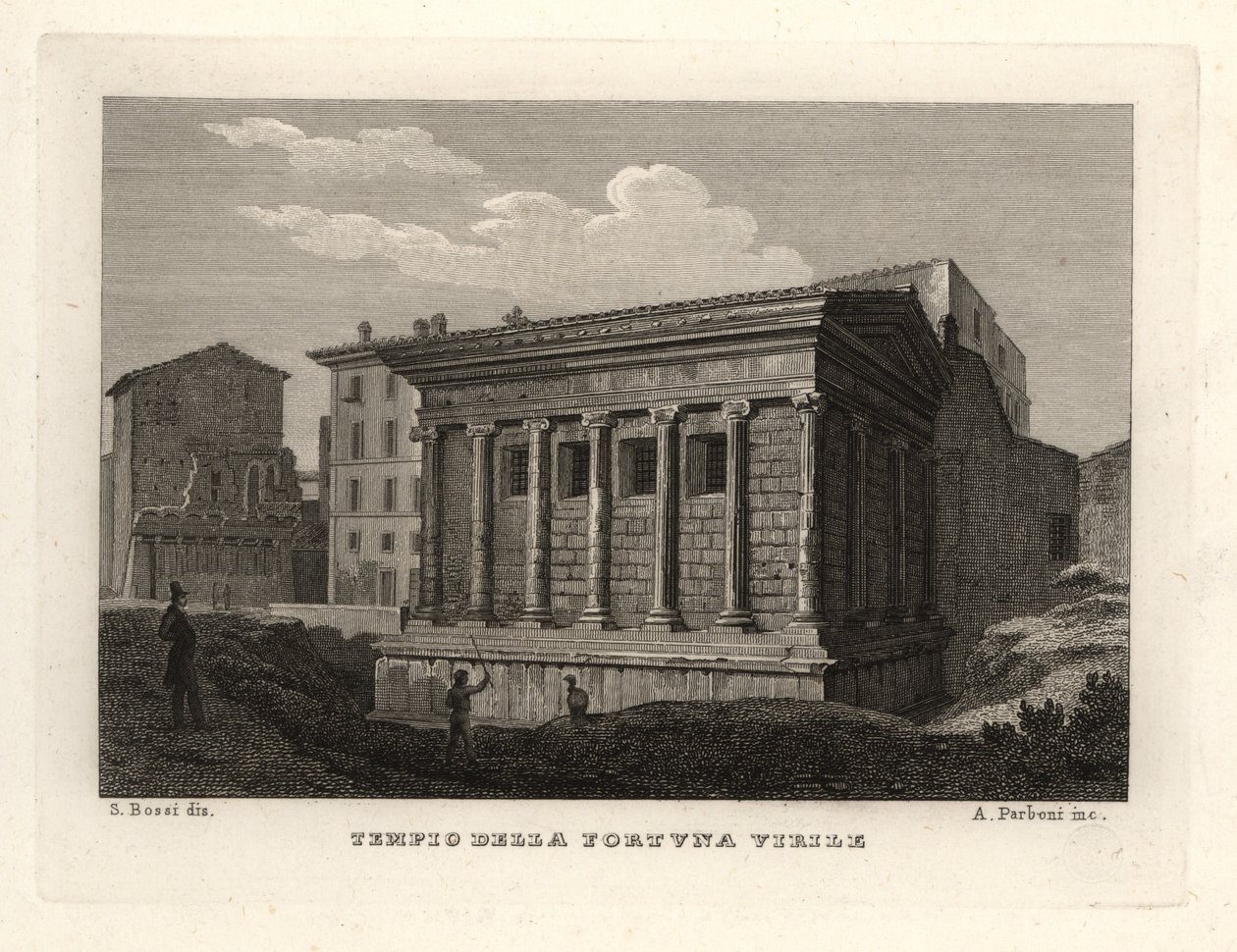 Widok na świątynię Portunusa, Tempio di Portuno lub Tempio della Fortuna Virile autorstwa Unbekannt