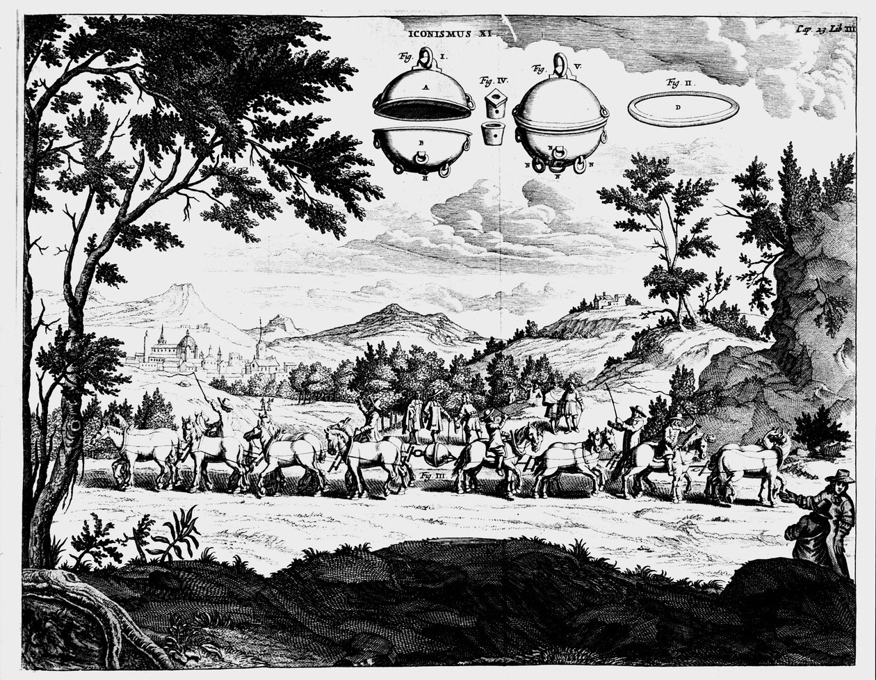 Demonstracja siły ciśnienia powietrza von Guerickesa, 1672 r autorstwa Unbekannt
