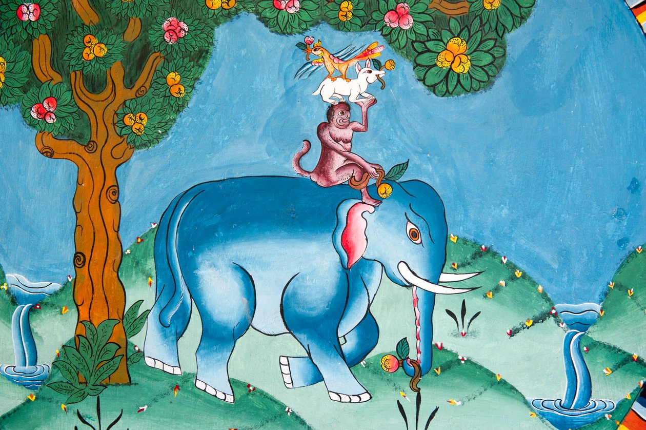Ściana przedstawiająca legendę czterech przyjaciół; słoń; małpa; królik i kogut; Charbadi Gompa; Phuentsholing; Królestwo Bhutanu autorstwa Unbekannt