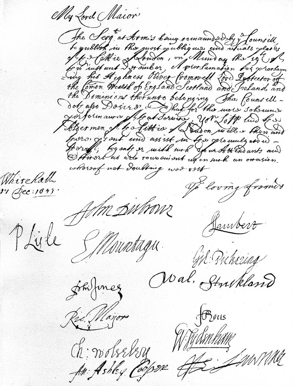 Nakaz Rady Stanu do Lorda Burmistrza Londynu, życzący mu i radnym udziału w proklamacji Olivera Cromwella Lordem Protektorem Wspólnoty Anglii, Szkocji, Irlandii i Dominiów w dniu 19 grudnia autorstwa Unbekannt