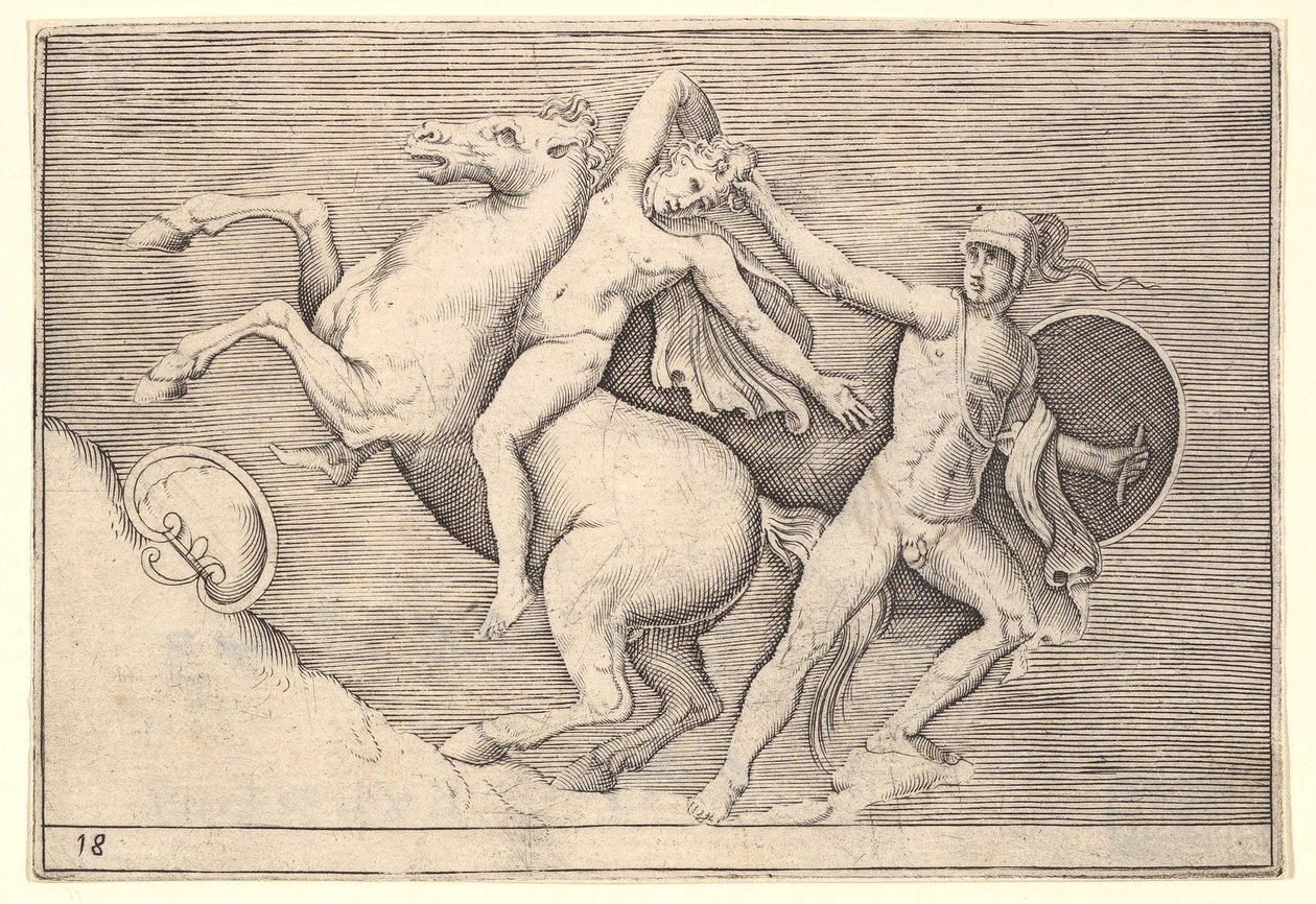 Wojownik wyrywający jeźdźca z konia, z Ex Antiquis Camorum et Ge..., ok. 201 1599-1622. autorstwa Unbekannt