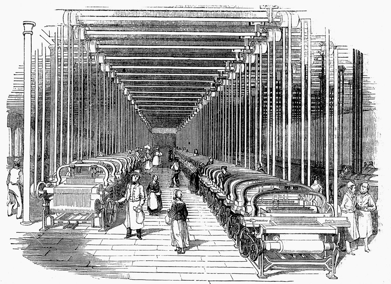 Tkalnia wyposażona w rzędy krosien mechanicznych napędzanych pasem i wałami, c1840 autorstwa Unbekannt