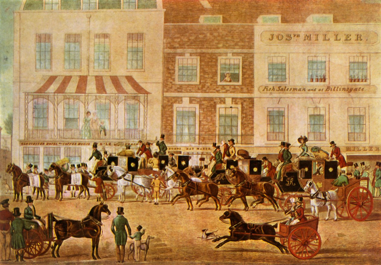 „West Country Mails at the Gloucester Coffee House, Piccadilly”, 1830, 1943. autorstwa Unbekannt