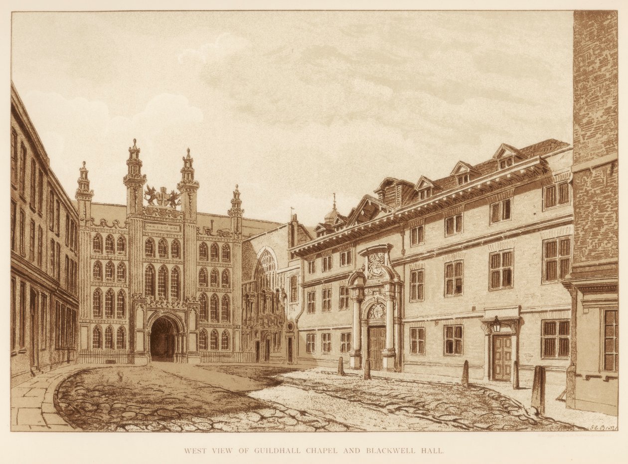 Widok zachodni na kaplicę Guildhall i Blackwell Hall, City of London, 1886 r autorstwa Unbekannt