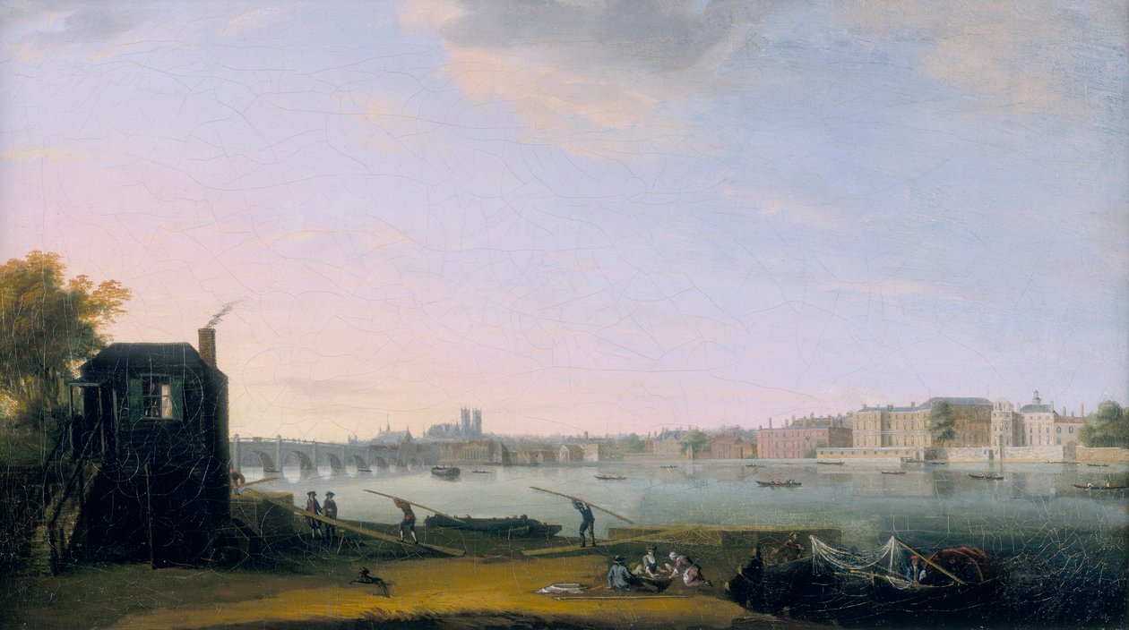 „Westminster Bridge i Whitehall z Lambeth”, c1775 autorstwa Unbekannt