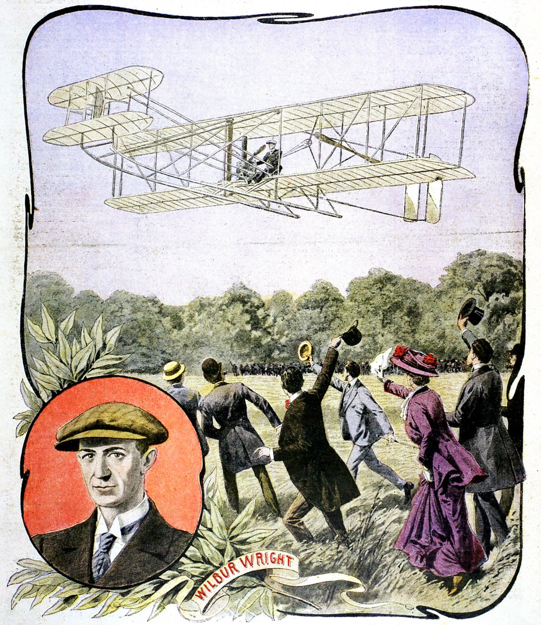 Pierwszy lot Wilbura Wrighta w Europie na torze wyścigowym Hunaudieres niedaleko Le Mans we Francji, 1908 autorstwa Unbekannt