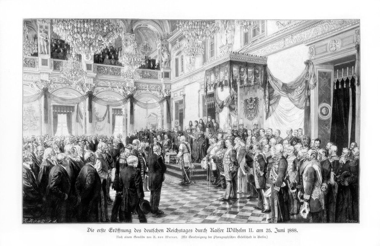 Wilhelm II i ministrowie na otwarciu Reichstagu 25 czerwca 1888, 1900 autorstwa Unbekannt