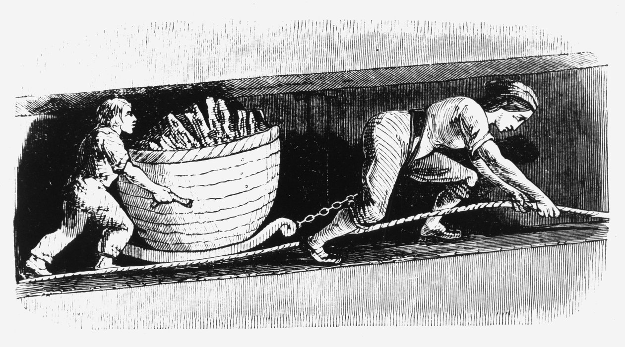 Kobieta i chłopiec rysujący korkociąg zawierający 3-4 ct węgla, Bolton, Lancashire, 1848 autorstwa Unbekannt