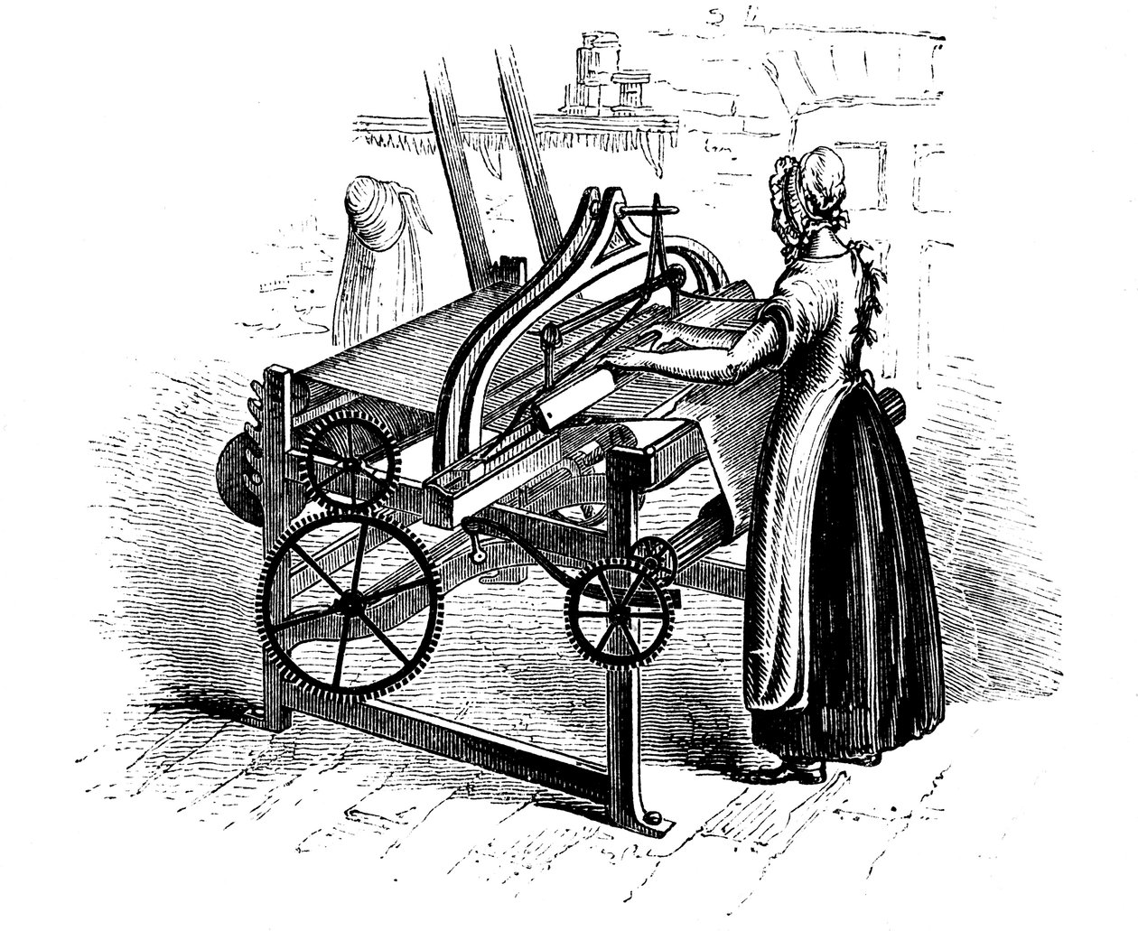 Kobieta obsługująca krosno mechaniczne do tkania bawełny, ok. 1840 r. autorstwa Unbekannt
