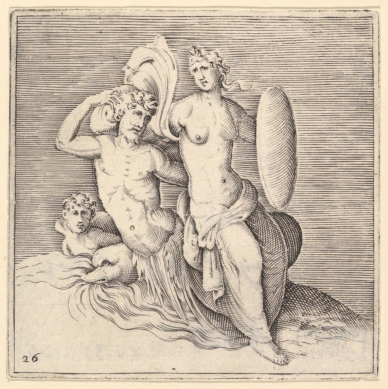 "Kobieta z tarczą siedząca na Seamonster", wydana ca. 1599-1622. autorstwa Unbekannt
