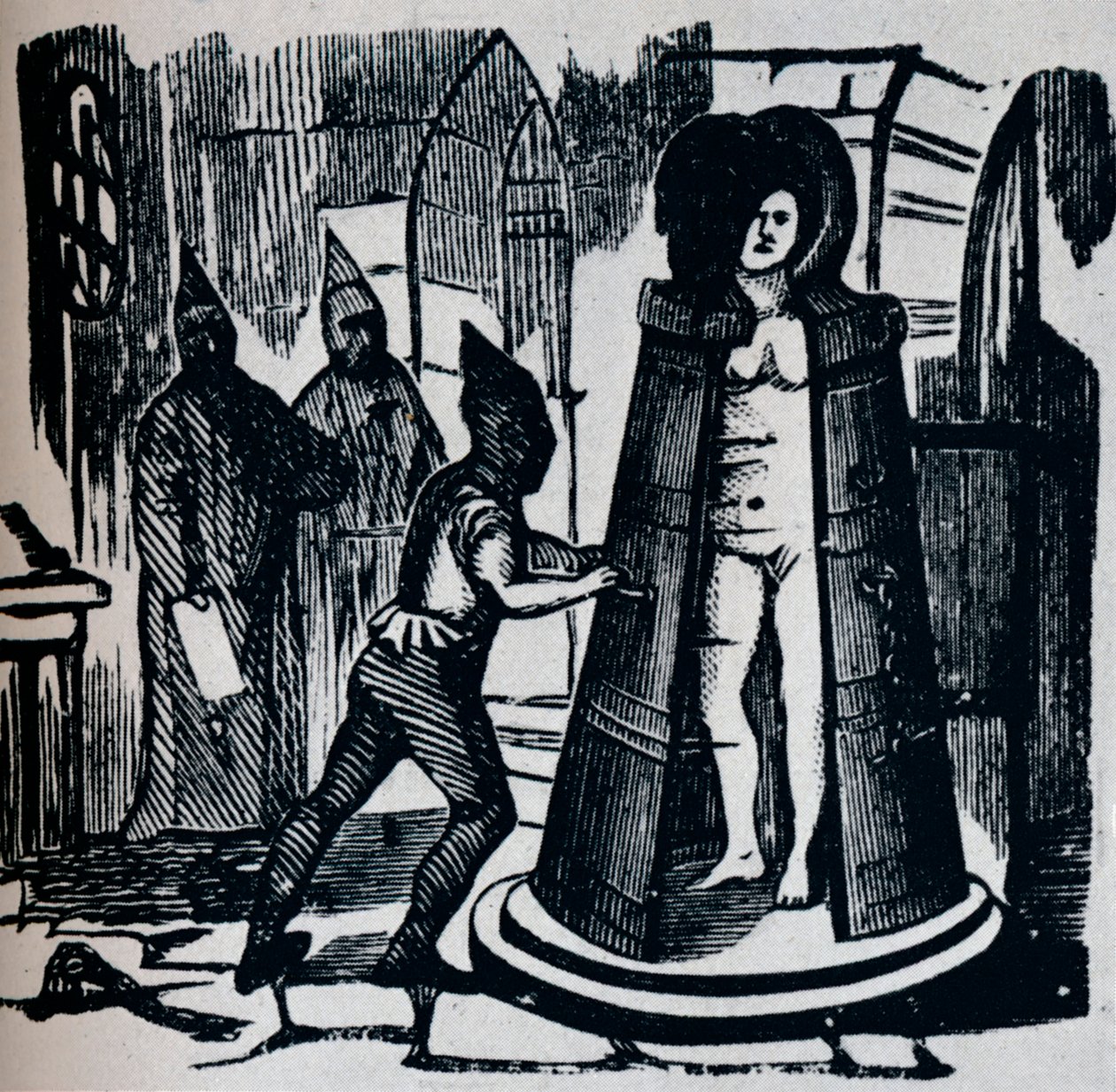 Drzeworyt przedstawiający Geuders Iron Maiden w sali tortur Ustawienie, c1870 autorstwa Unbekannt
