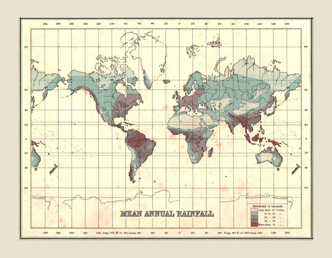 Mapa świata przedstawiająca średnie roczne opady deszczu, 1902 r. autorstwa Unbekannt