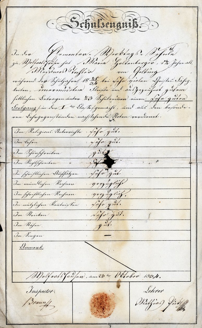 Sprawozdanie końcowe szkoły podstawowej w niedzielę uczennicy (Moniki Haltenberger, córki zakrystyny) szkoły podstawowej z dnia 24 września 1840 r., Academie de Geretsried, Haute Baviere w Niemczech, Europa autorstwa Unbekannt