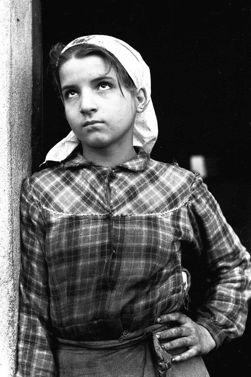 Młoda dziewczyna pracująca jako zbieracz oliwek w Kalabrii, Włochy, ok. 1955 (zdjęcie czarno-białe) autorstwa Unbekannt