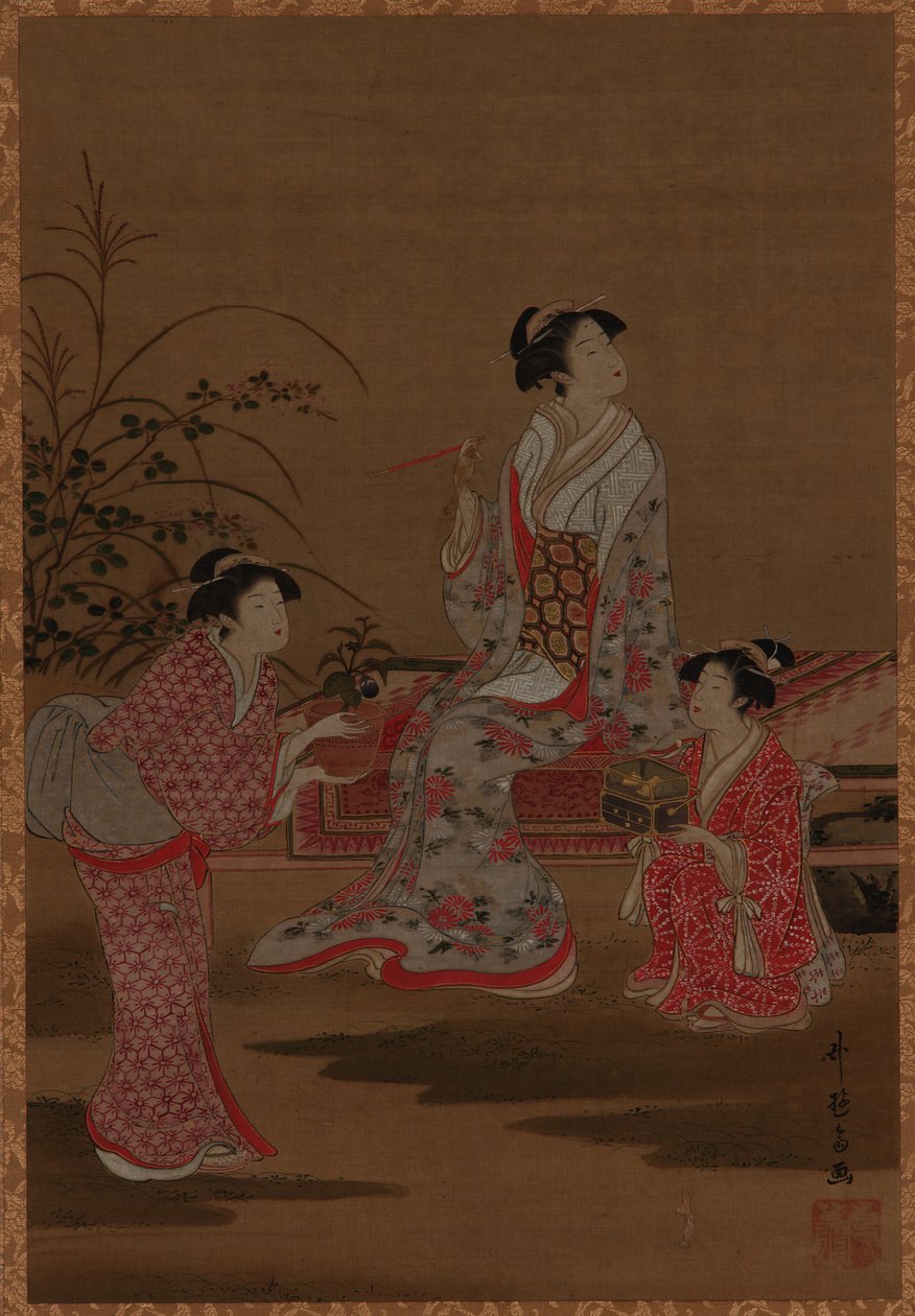 Młoda kobieta z dwiema służącymi, siedząca w ogrodzie, okres Edo, 1615-1868. autorstwa Unbekannt