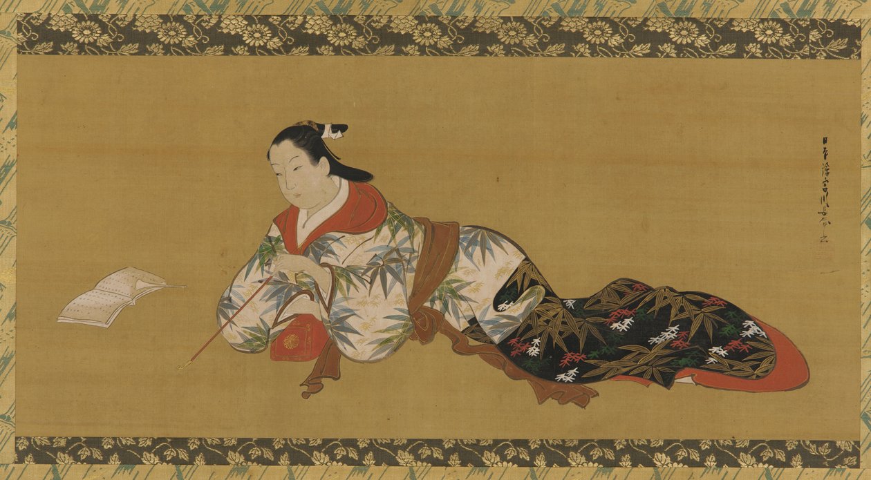Yujo leżący i czytający nuty, okres Edo, 1615-1868. autorstwa Unbekannt