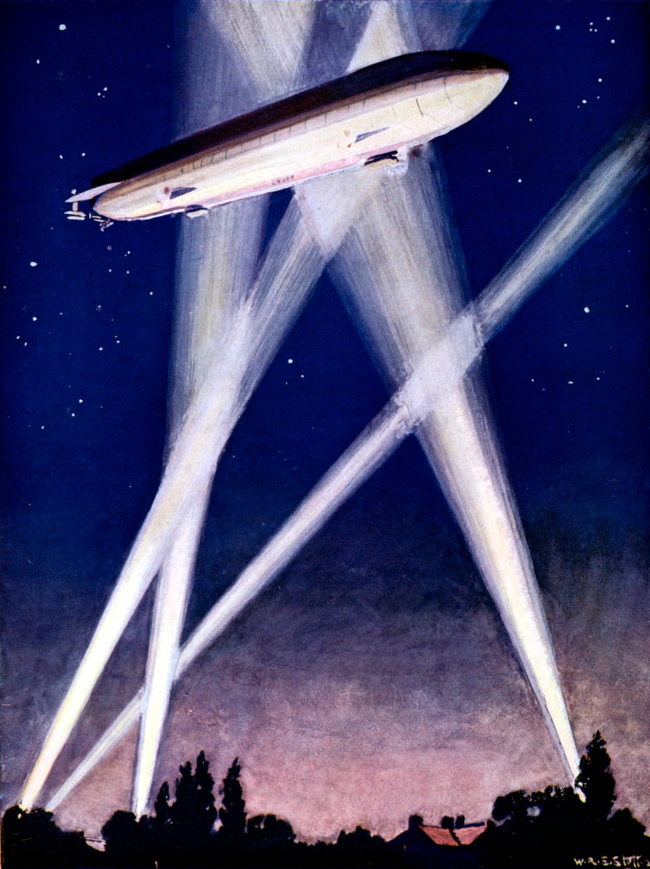 Sterowiec Zeppelin złapany w reflektory podczas nalotu bombowego na Anglię, 1916 autorstwa Unbekannt