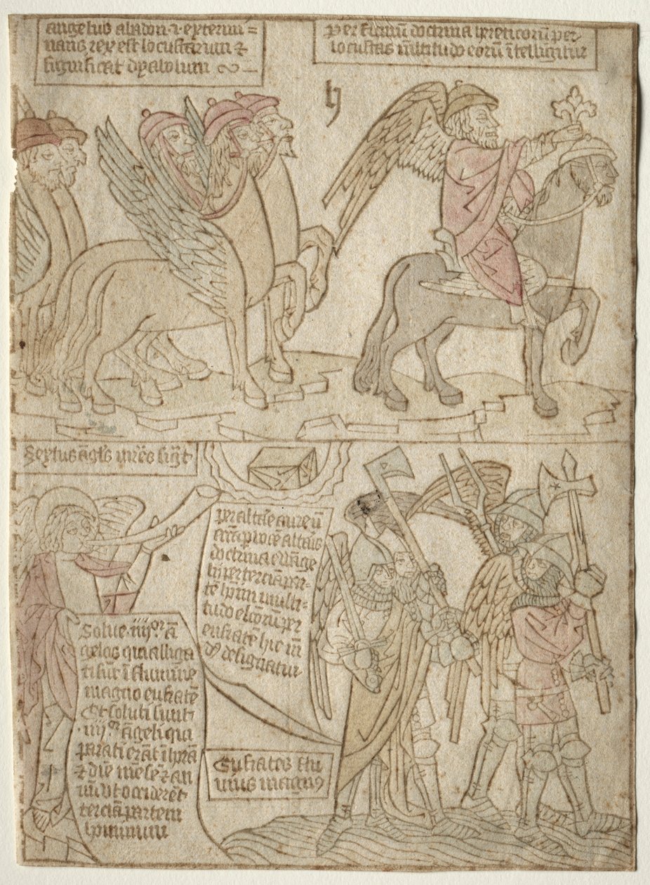 strona z Apokalipsy Szarańcza z Aniołem Otchłani i Szósta Trąba, 1400s. autorstwa Unbekannt