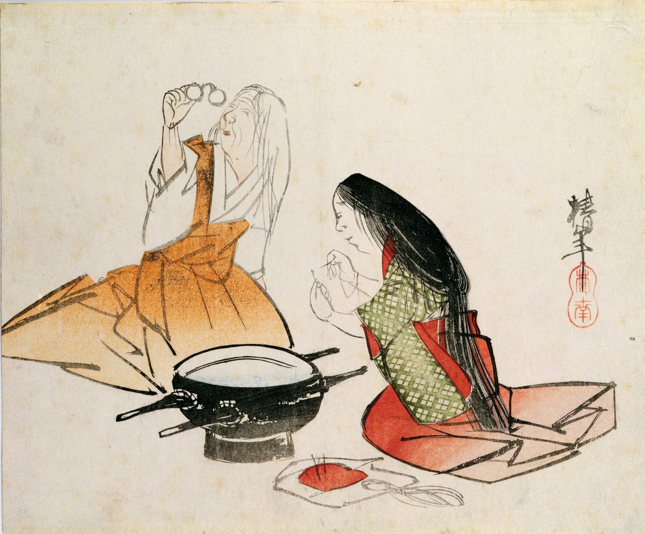 Młoda kobieta nawlekająca igłę, Chinnen (1792-1851), wyd. ok. 1830, (rozmiar chuban, kolorowy drzeworyt) autorstwa Unbekannt Unbekannt