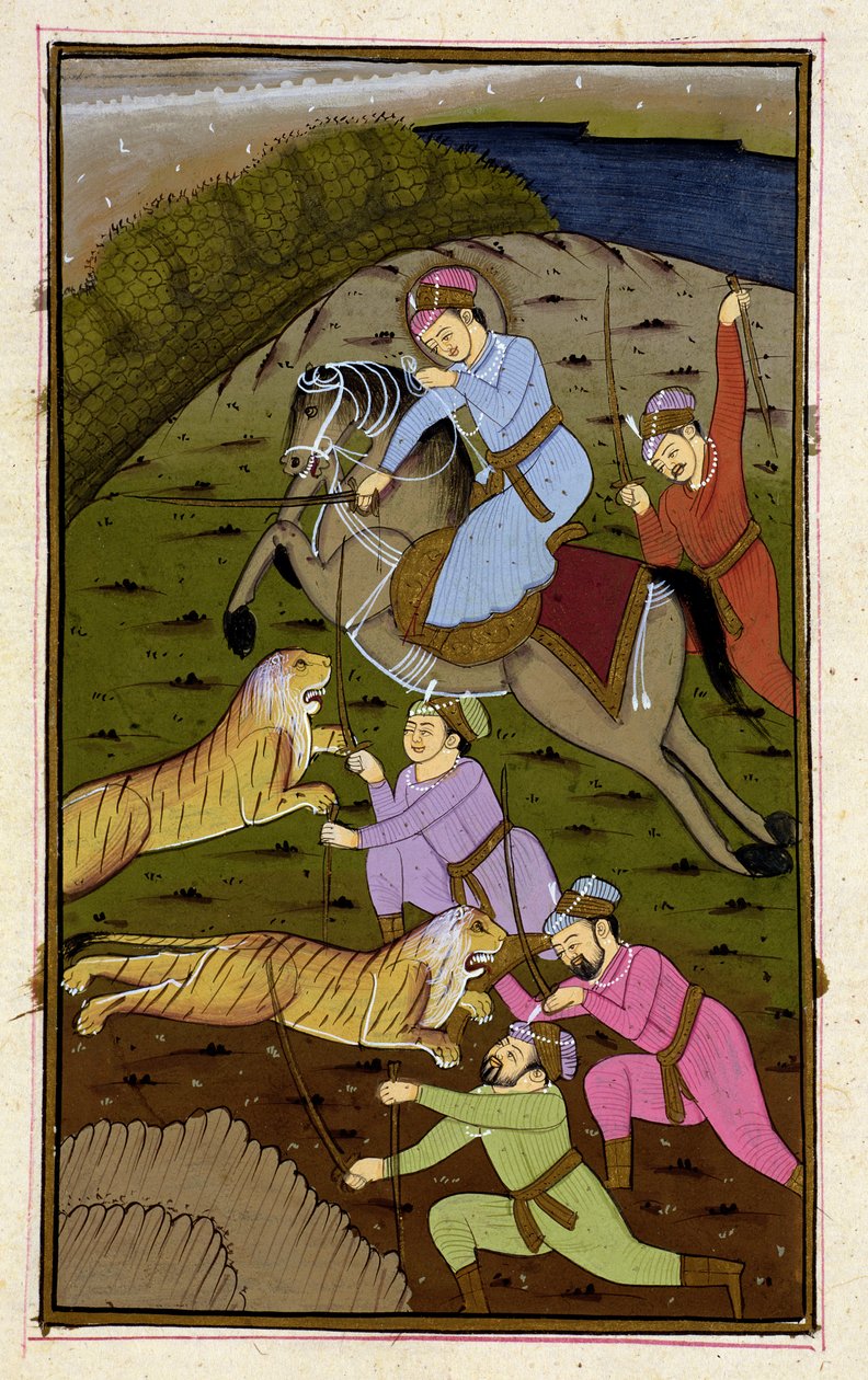 Akbar na polowaniu na tygrysa z Akbarnama, Mogołów, c.1590, (tekst ilustrowany) autorstwa Unbekannt Unbekannt
