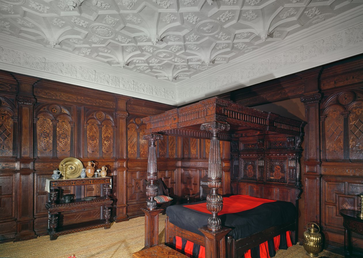 Łóżko z dekoracją intarsjowaną, 1593, z zamku Corbet, Shrewsbury, boazeria z zamku Sizergh, Cumbria autorstwa Unbekannt Unbekannt