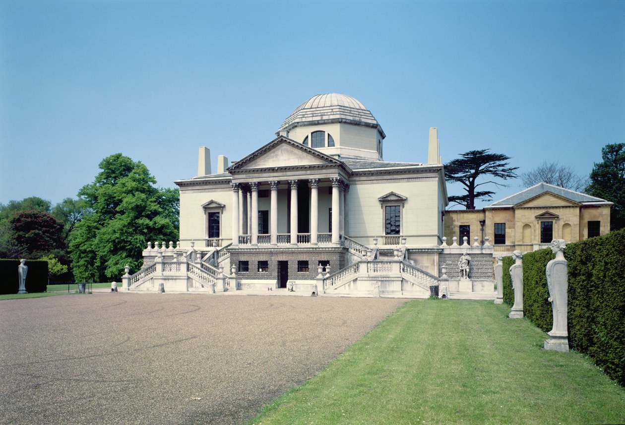 Zewnętrzny widok na wschodni front Chiswick House w Londynie (1725-29), zbudowany przez Lorda Burlingtona, 3. hrabiego (Richard Boyle) (1694-1753) autorstwa Unbekannt Unbekannt