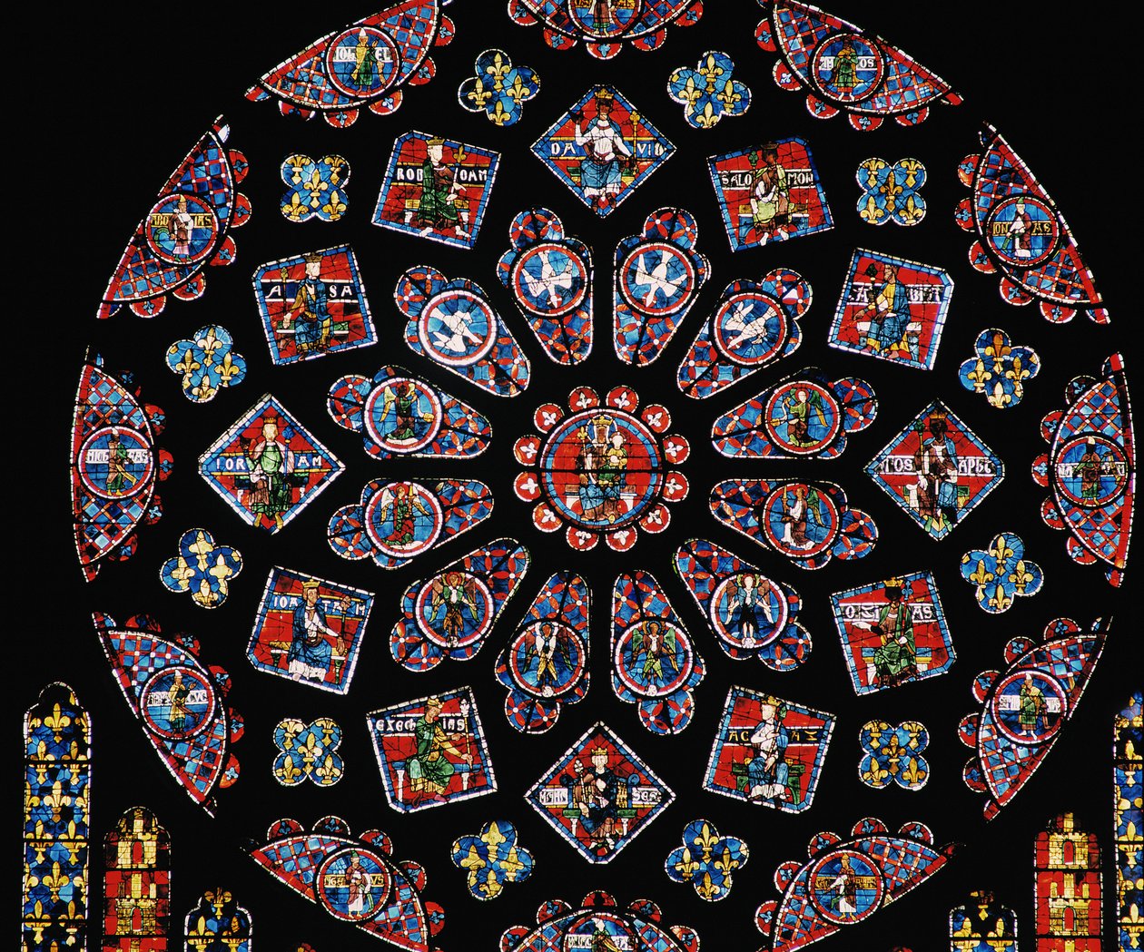 Gloryfikacja Matki Boskiej, ukazująca herb Blanche z Kastylii poniżej róży, północne okno rozety, ok. 1223 autorstwa Unbekannt Unbekannt