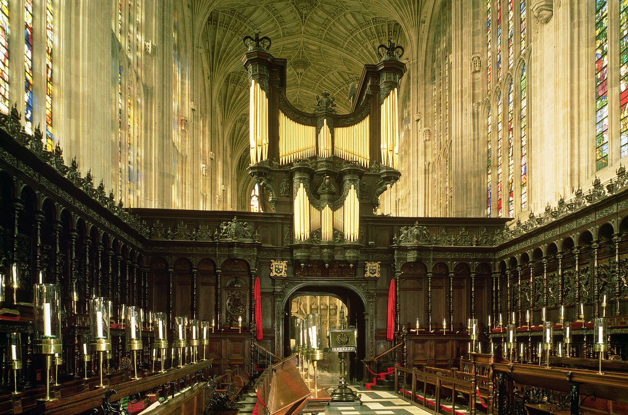 Widok wnętrza przedstawiający przejście i organy, kaplica Kings College, Cambridge autorstwa Unbekannt Unbekannt