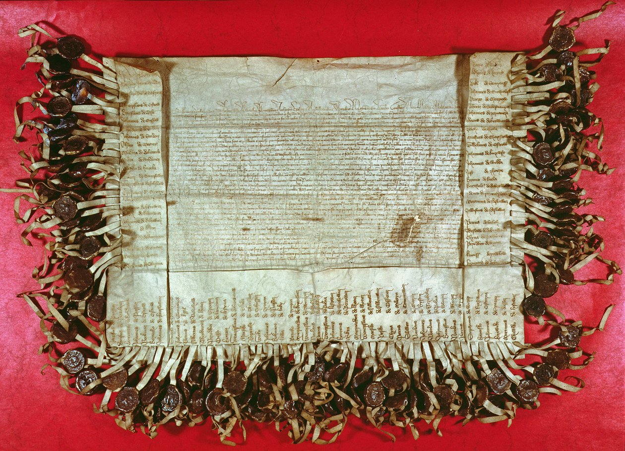 Średniowieczny list protestacyjny szlachty czeskiej sprzeciwiający się potraktowaniu Jana Hussa przez Sobór w Konstancji (ok. 1369-1415), 1415-16 (tusz na pergaminie) autorstwa Unbekannt Unbekannt