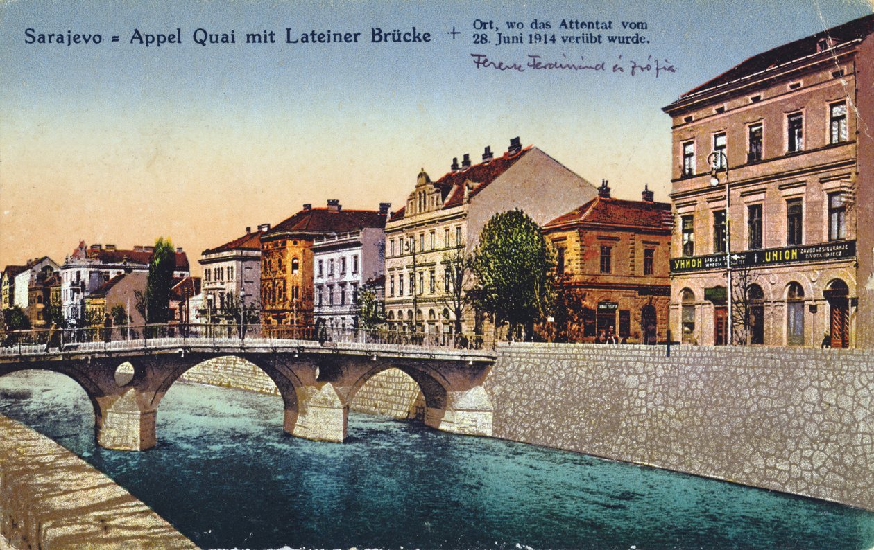 Pocztówka przedstawiająca Sarajewo, nabrzeże Appel Quay i most Lateiner, miejsce zamachu na arcyksięcia Franciszka Ferdynanda i jego żonę Zofię 28 czerwca 1914 r., ok. godz. 1920 autorstwa Unbekannt Unbekannt