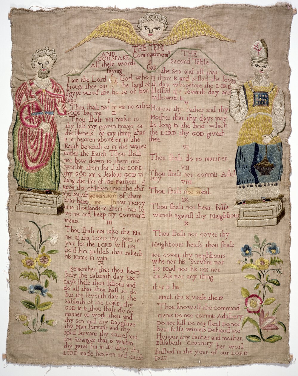 Próbnik, przedstawiający Dziesięć Przykazań, Elizabeth Coventry, angielski, 1727 (kolorowe jedwabie na płótnie) autorstwa Unbekannt Unbekannt