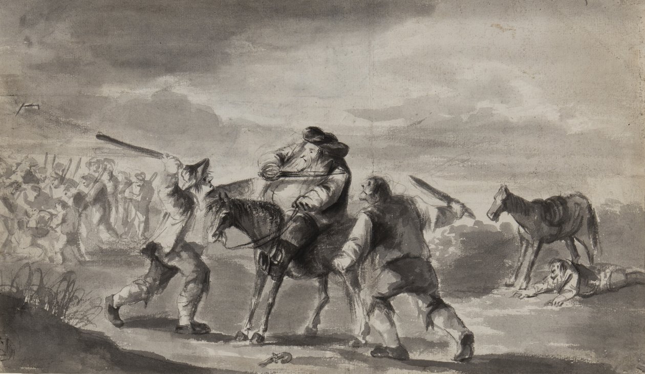 Podróżnik zaatakował, prawdopodobnie Hudibras Samuela Butlera, ok. 1790 (pióro, pędzel i atrament na papierze) autorstwa Unbekannt Unbekannt