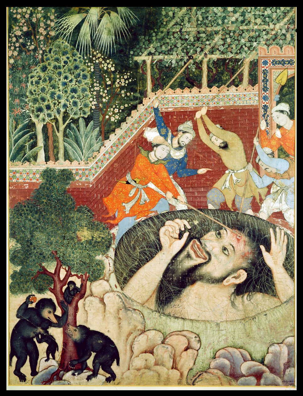Zumrud Shah wpada do dołu i jest bity przez ogrodników, z Hamzanama (Księga Hamzy), z Indii lub Pakistanu, ok. 1562-77 (nieprzezroczyste wc na bawełnie) autorstwa Unbekannt Unbekannt