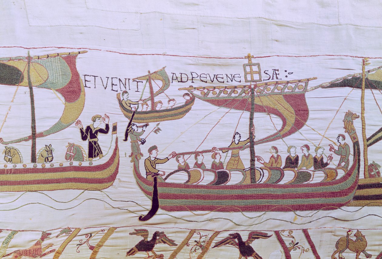 Książę William i flota inwazyjna Normanów przekraczają kanał, Bayeux Tapestry autorstwa Unbekannt Unbekannt