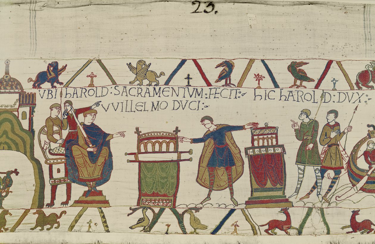 Harold składa świętą przysięgę Williamowi w Bayeux, Bayeux Tapestry autorstwa Unbekannt Unbekannt