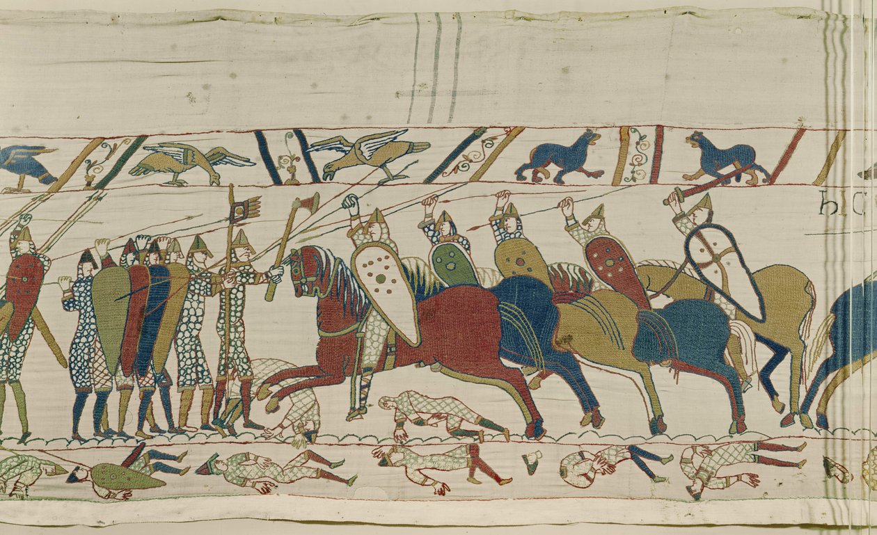 Angielski mur tarcz zostaje zaatakowany i dochodzi do bitwy, Bayeux Tapestry autorstwa Unbekannt Unbekannt